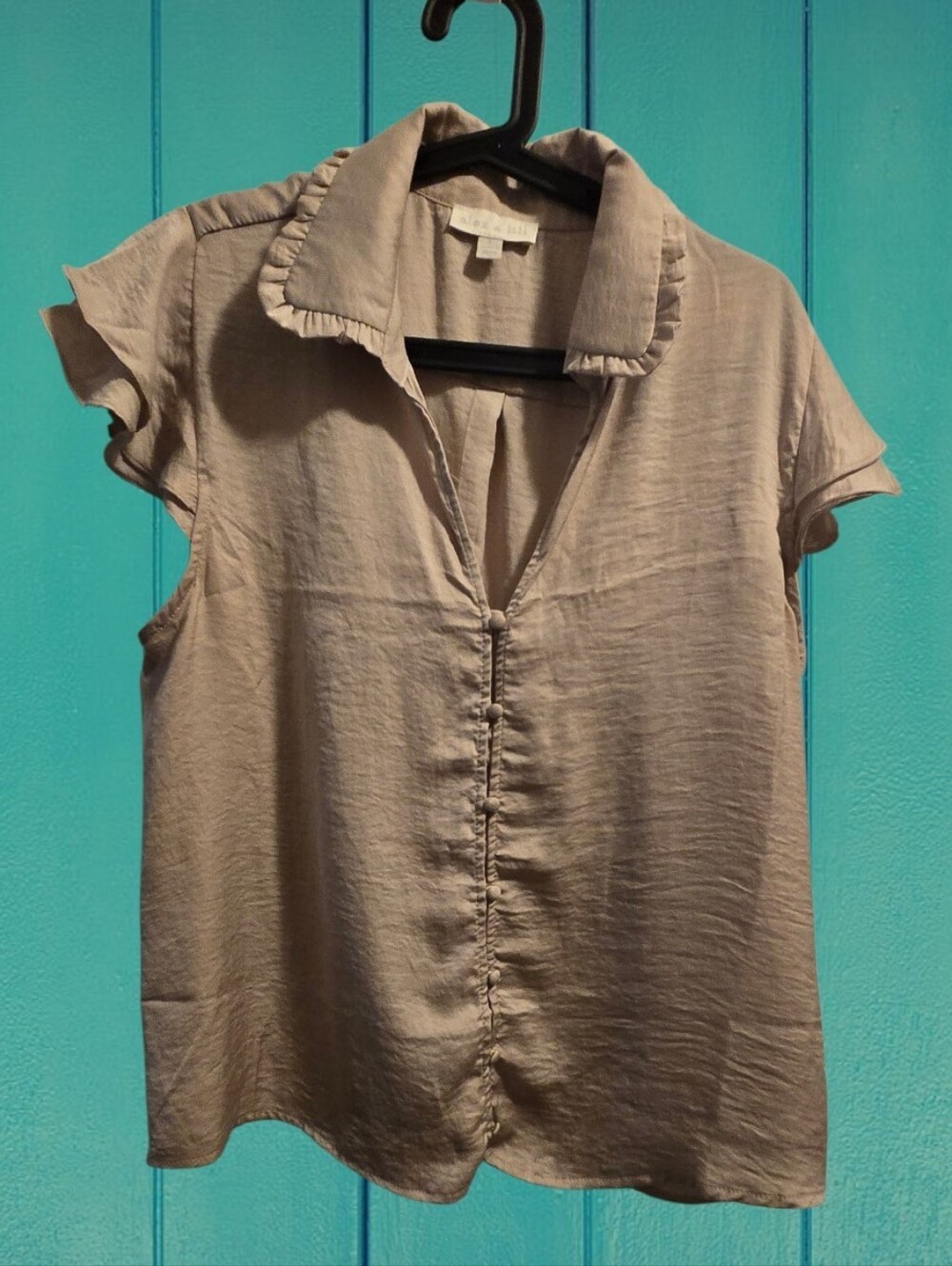 Light Beige Ruffle Collar Short Sleeve Blouse